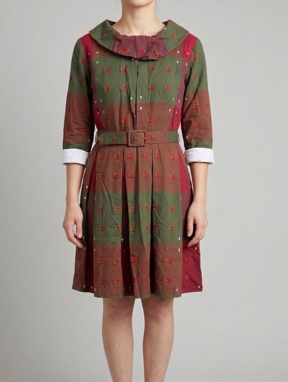 Vintage-Inspired Green and Red Belted Women’s Dress